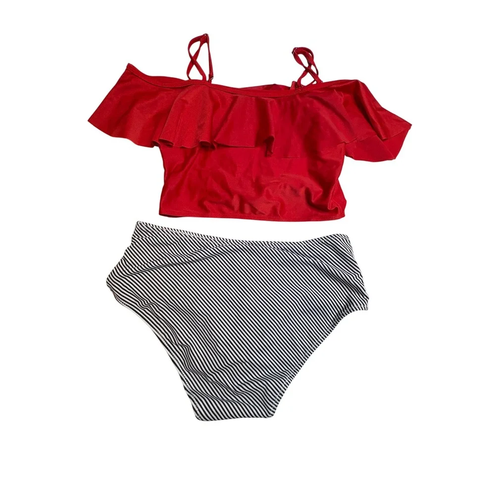 Cupshe Bikini Set Womens L/M Red Ruffle Top‎ Striped High Waist Bottom Swimsuit
